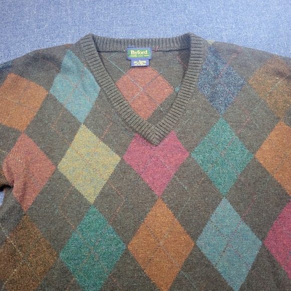 Vintage Byford 100% Lambswool Mens Argyle V-Neck Sweater  Dark Academia Large - Picture 5 of 8